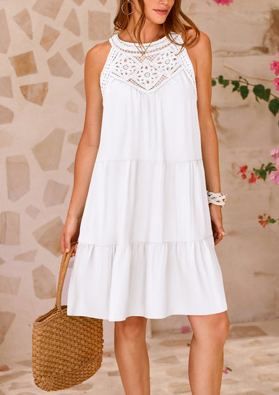 BTFBM Women Summer Halter Dresses Casual Spring 2025 Sleeveless A-Line Tiered Swing Mini Dress Beach Vacation Sundress