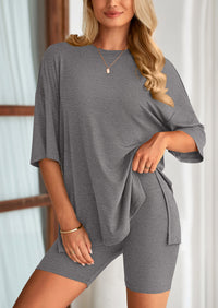 PRETTYGARDEN Women's Two Piece Lounge Set Summer Casual Oversized Shirts Biker Shorts Matching Airport Travel Outfit