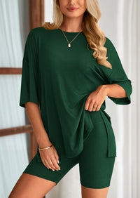 PRETTYGARDEN Women's Two Piece Lounge Set Summer Casual Oversized Shirts Biker Shorts Matching Airport Travel Outfit