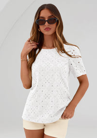 PRETTYGARDEN Women's Puff Short Sleeve Eyelet Shirts Summer Lace Blouses Dressy Casual Work Tops Spring Teacher Clothes PRETTYGARDEN