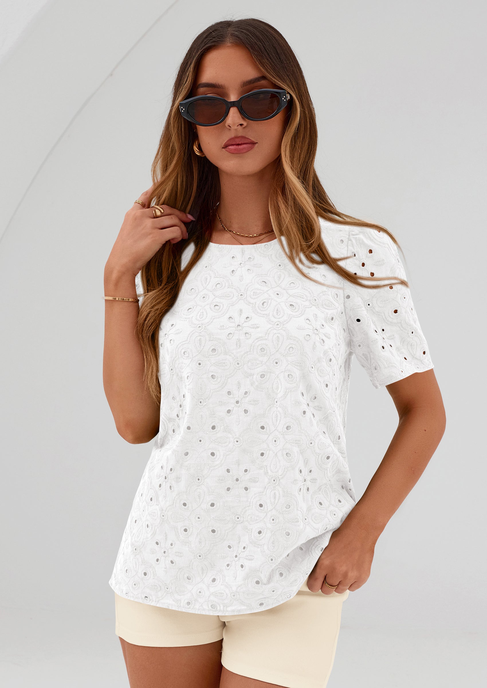 PRETTYGARDEN Women's Puff Short Sleeve Eyelet Shirts Summer Lace Blouses Dressy Casual Work Tops Spring Teacher Clothes PRETTYGARDEN