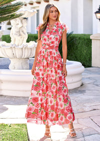 PRETTYGARDEN Womens Summer Maxi Dress V Neck Ruffle Sleeve A Line Floral Cocktail Dresses for Women Beach Vacation Outfits