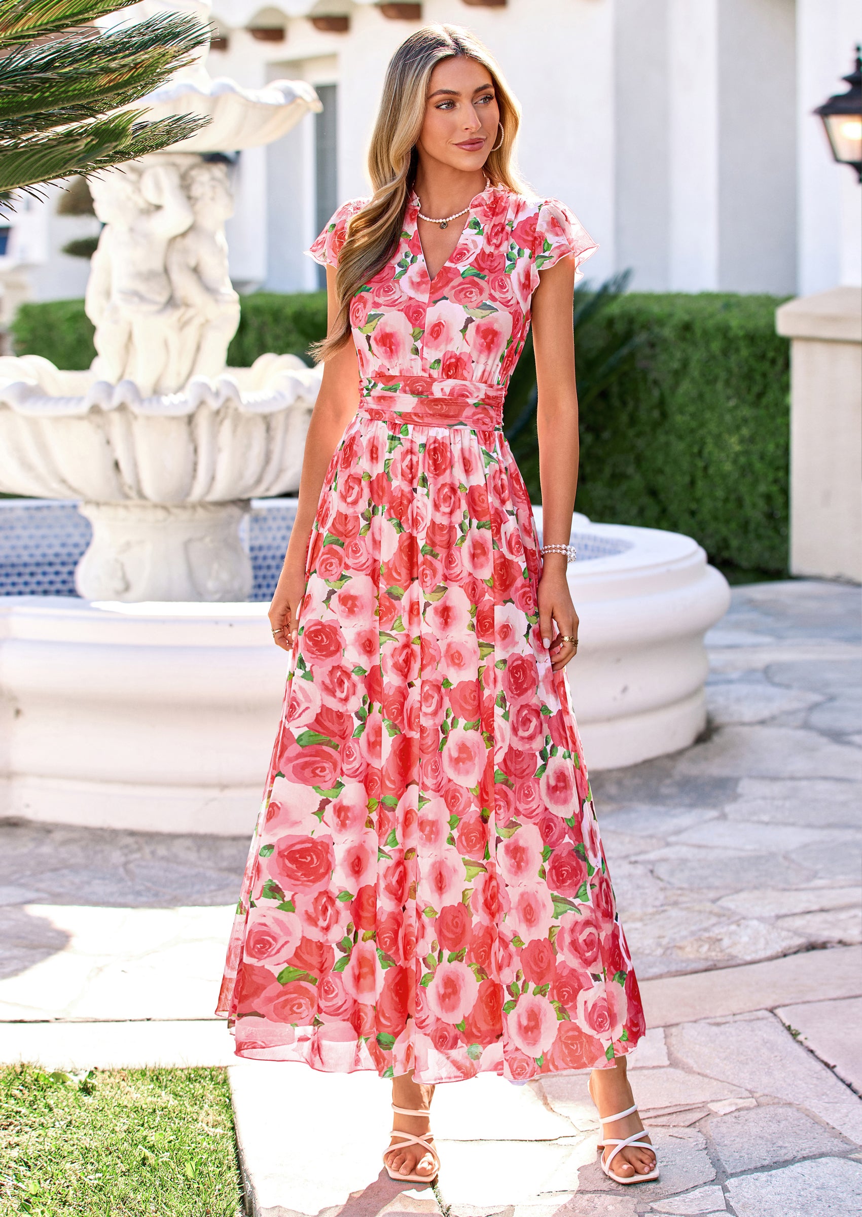 PRETTYGARDEN Womens Summer Maxi Dress V Neck Ruffle Sleeve A Line Floral Cocktail Dresses for Women Beach Vacation Outfits