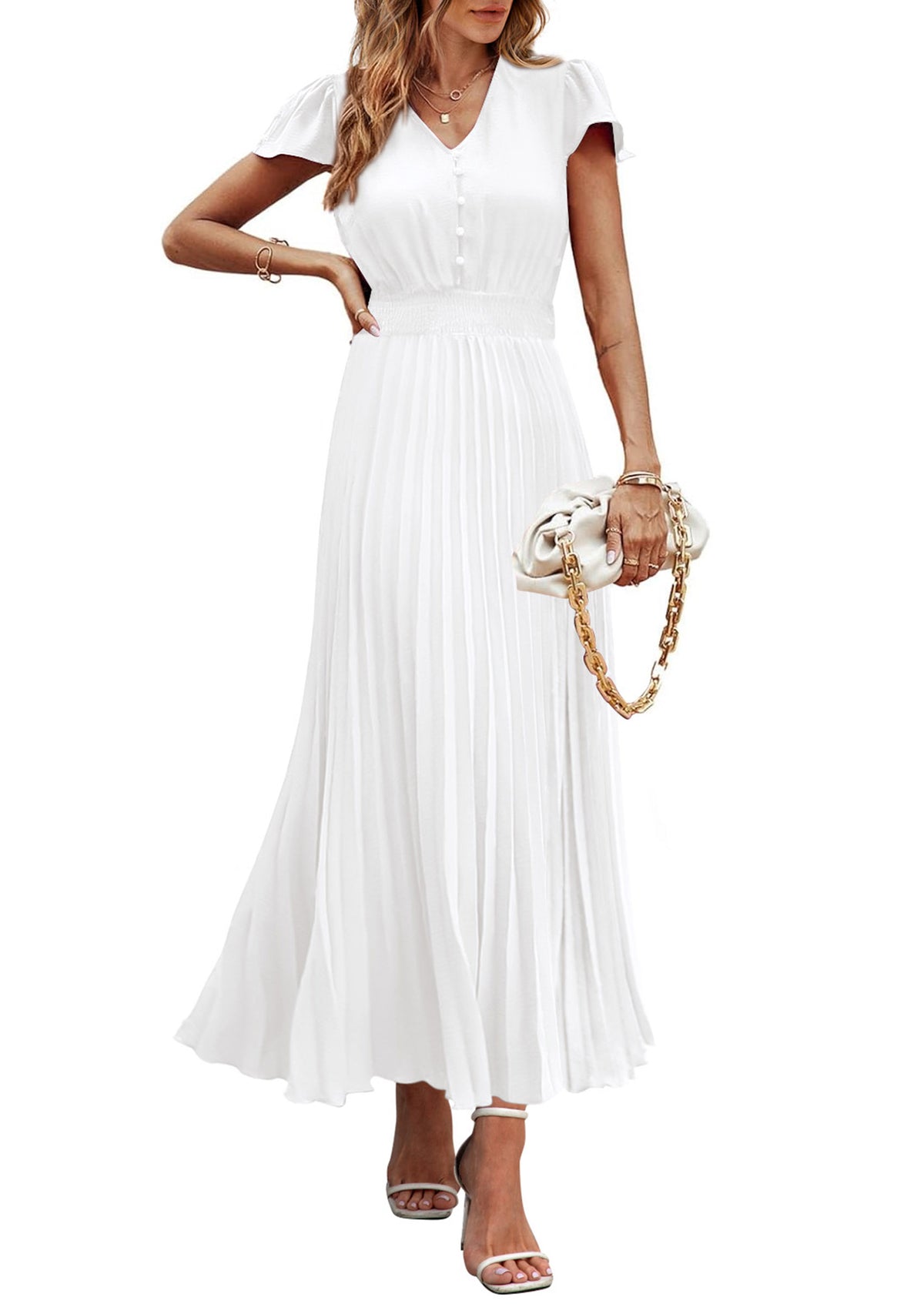 Women's Summer Maxi Dresses 2025 Trendy Casual Button V Neck Ruffle Cap Sleeve Long Flowy Pleated Dress