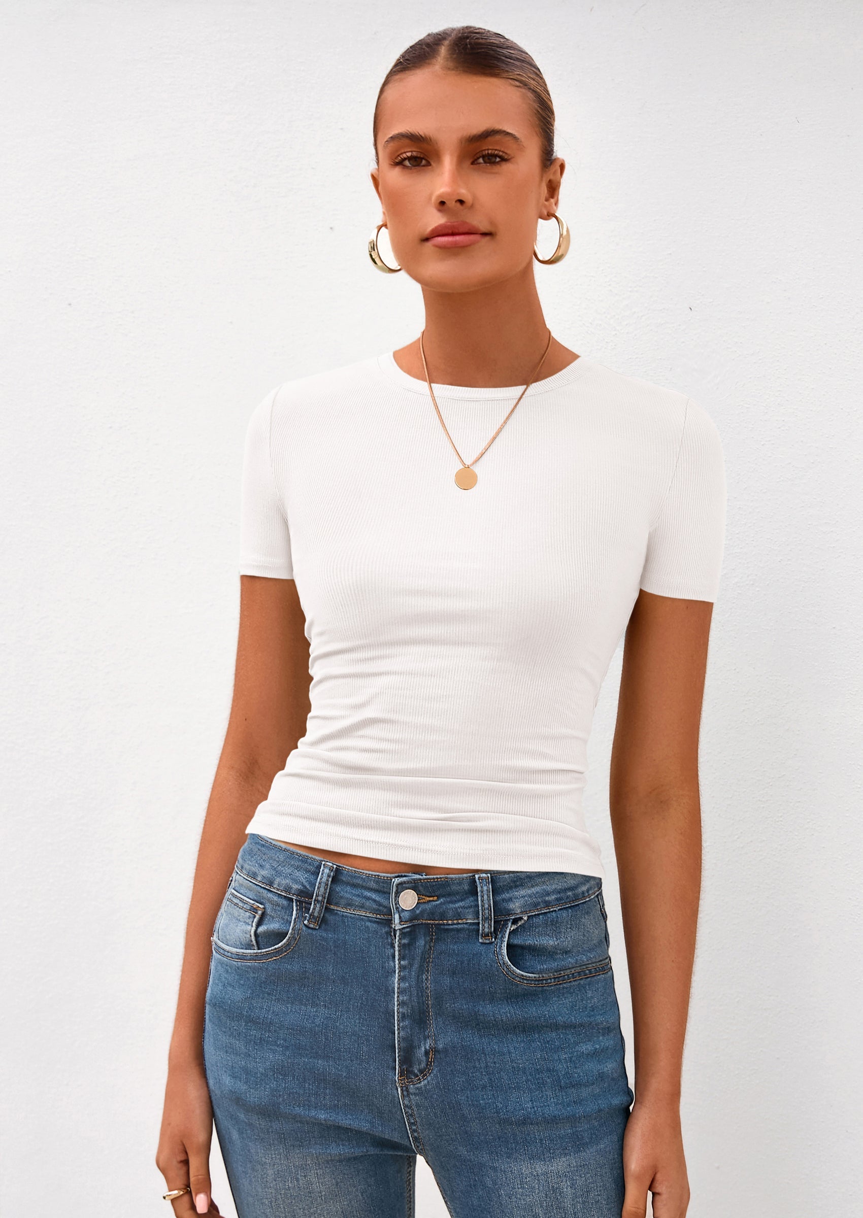 PRETTYGARDEN Women Summer Crew Neck Short Sleeve Tops Ribbed Knit Slim Fit Fashion Basic Tee Shirts Casual Going Out Top PRETTYGARDEN