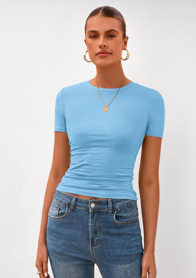 PRETTYGARDEN Women Summer Crew Neck Short Sleeve Tops Ribbed Knit Slim Fit Fashion Basic Tee Shirts Casual Going Out Top PRETTYGARDEN