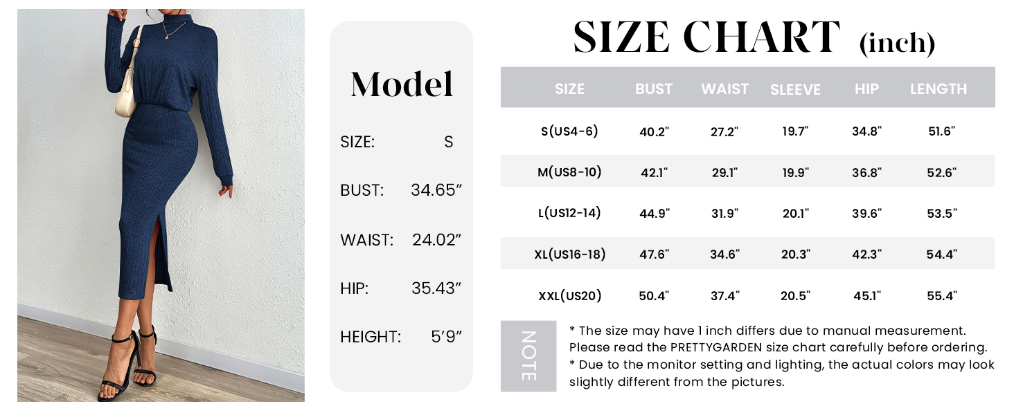 PRETTYGARDEN Turtle Neck Dresses for Women Fall Knit Outfits Slit Elastic Waist Long Sleeve Bodycon Midi Sweater Dress