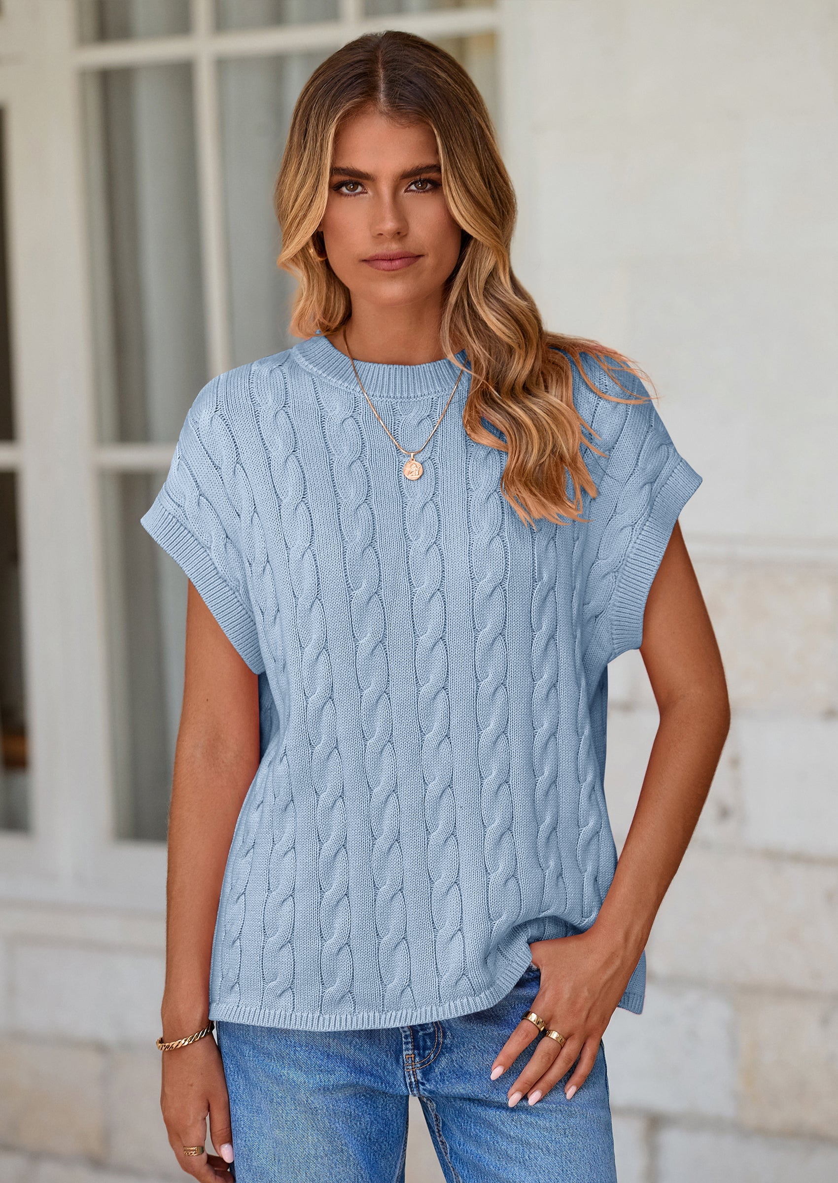 PRETTYGARDEN Women's Sweater Vest Summer Short Sleeve Tops Casual Crewneck Knit Oversized Pullover Trendy Spring Outfits PRETTYGARDEN