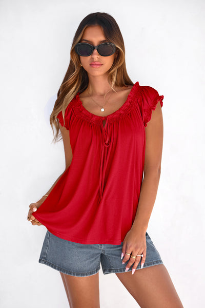 PRETTYGARDEN Womens Tie Front Tank Tops Summer Fashion Cap Sleeve Babydoll Blouses Flowy Shirts Spring Going Out Outfits PRETTYGARDEN