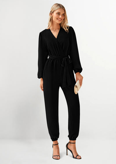 PRETTYGARDEN Women's Fall Jumpsuits Dressy Casual Pants Romper Spring Long Sleeve V Neck Belt Pockets One Piece Outfits