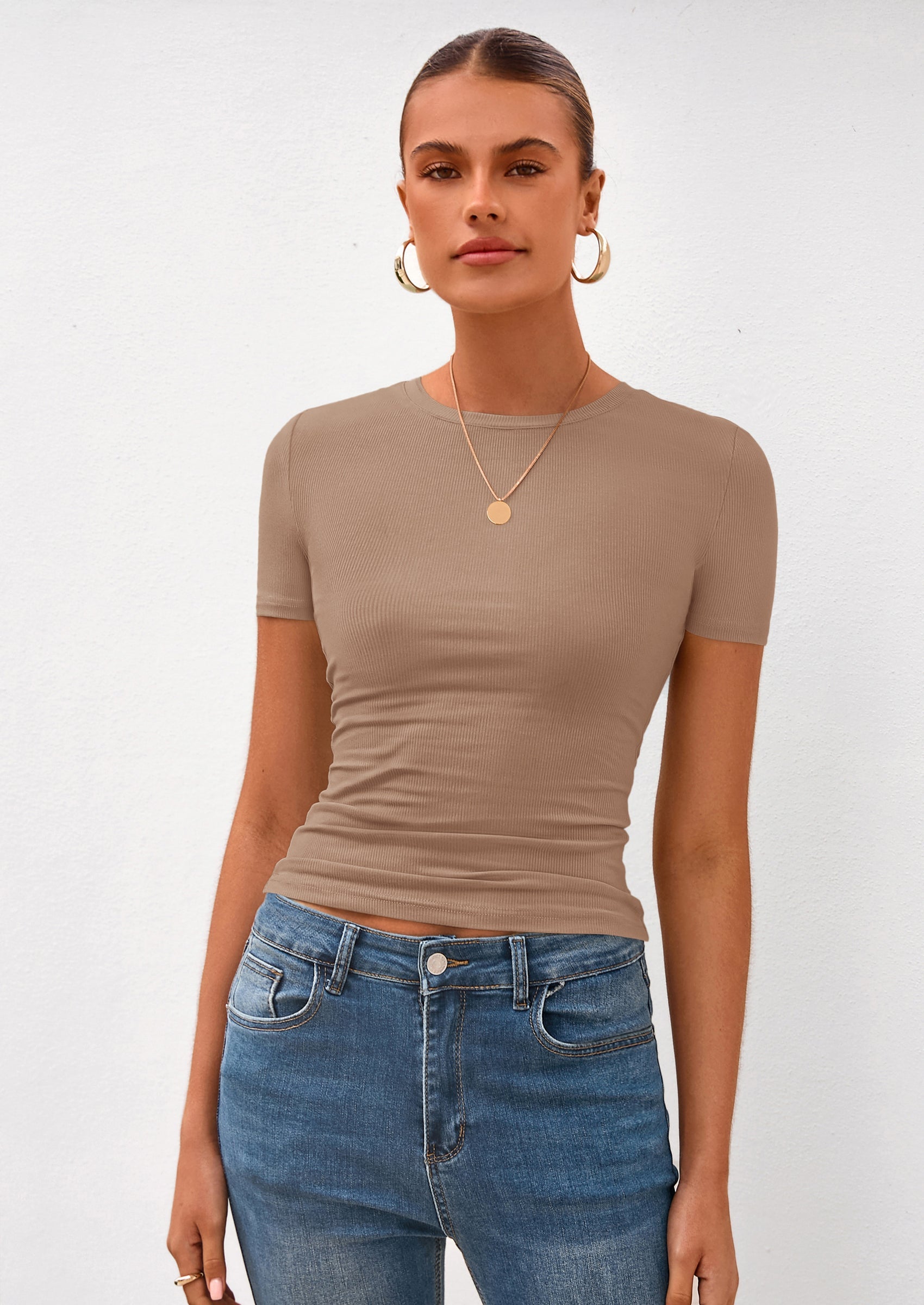 PRETTYGARDEN Women Summer Crew Neck Short Sleeve Tops Ribbed Knit Slim Fit Fashion Basic Tee Shirts Casual Going Out Top PRETTYGARDEN