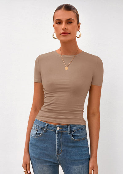 PRETTYGARDEN Women Summer Crew Neck Short Sleeve Tops Ribbed Knit Slim Fit Fashion Basic Tee Shirts Casual Going Out Top PRETTYGARDEN