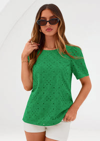 PRETTYGARDEN Women's Puff Short Sleeve Eyelet Shirts Summer Lace Blouses Dressy Casual Work Tops Spring Teacher Clothes PRETTYGARDEN