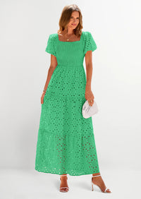 PRETTYGARDEN Dresses for Women Eyelet Square Neck Puff Sleeve Smocked Wedding Guest Maxi Dress with Pockets