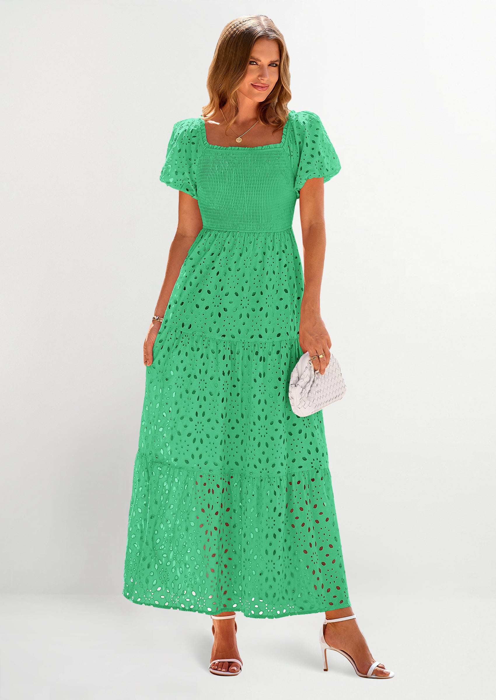 PRETTYGARDEN Dresses for Women Eyelet Square Neck Puff Sleeve Smocked Wedding Guest Maxi Dress with Pockets