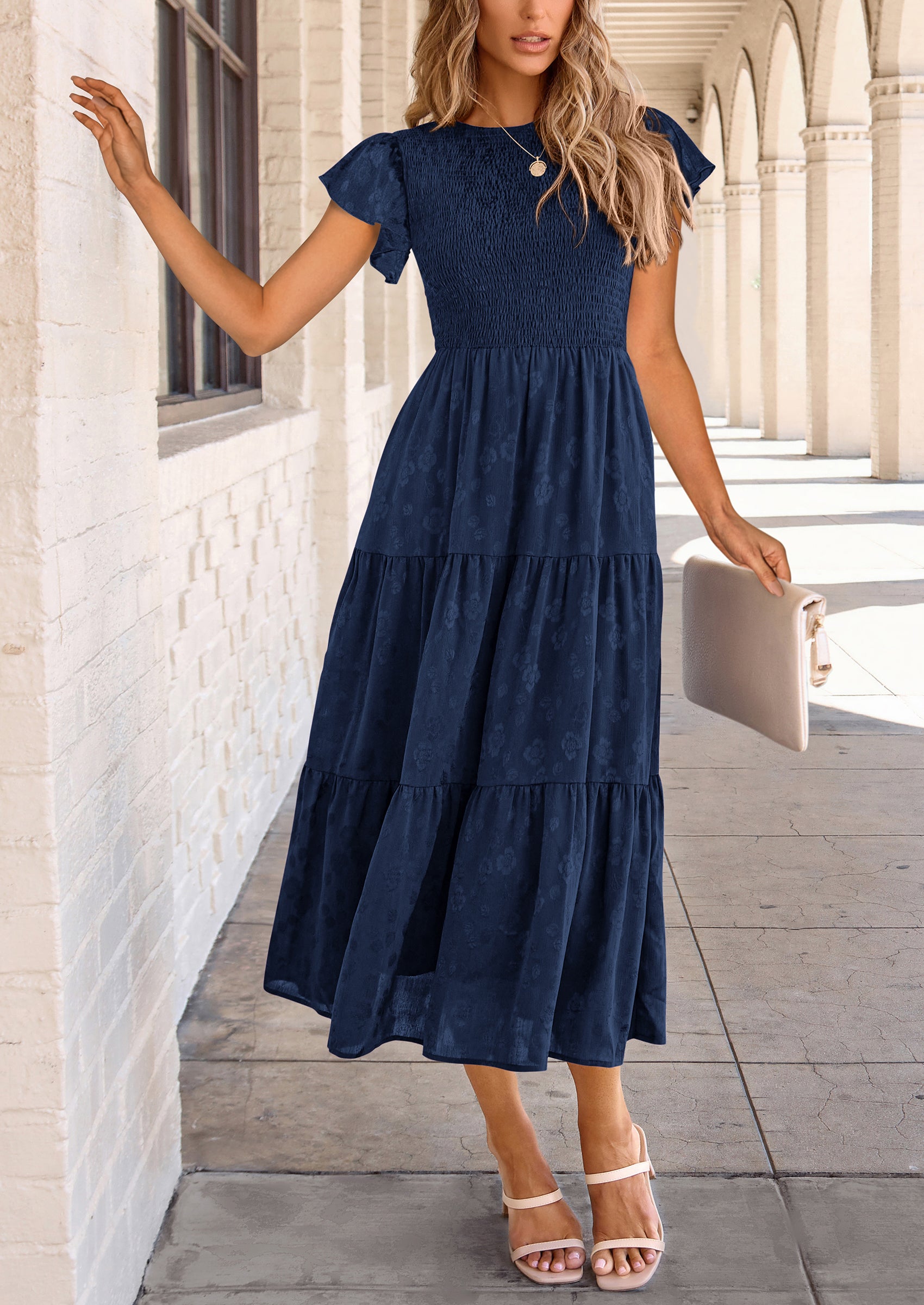 PRETTYGARDEN Midi Dress for Women Summer Floral Cap Sleeve Smocked Ruffle A Line Long Flowy Wedding Guest Dresses