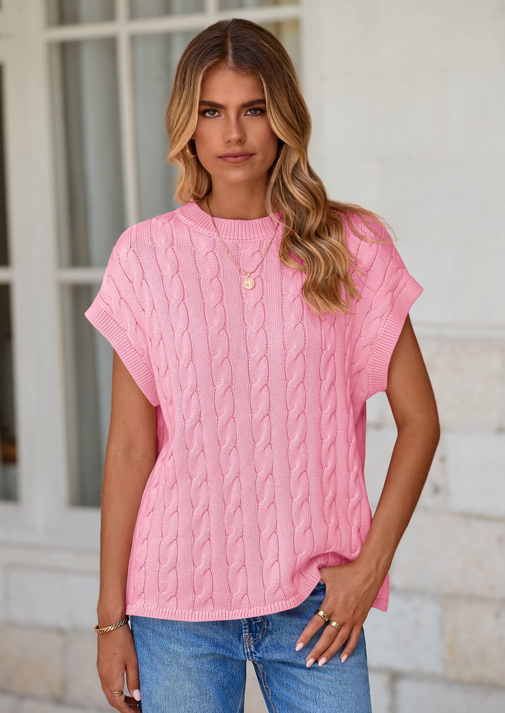 PRETTYGARDEN Women's Sweater Vest Summer Short Sleeve Tops Casual Crewneck Knit Oversized Pullover Trendy Spring Outfits PRETTYGARDEN