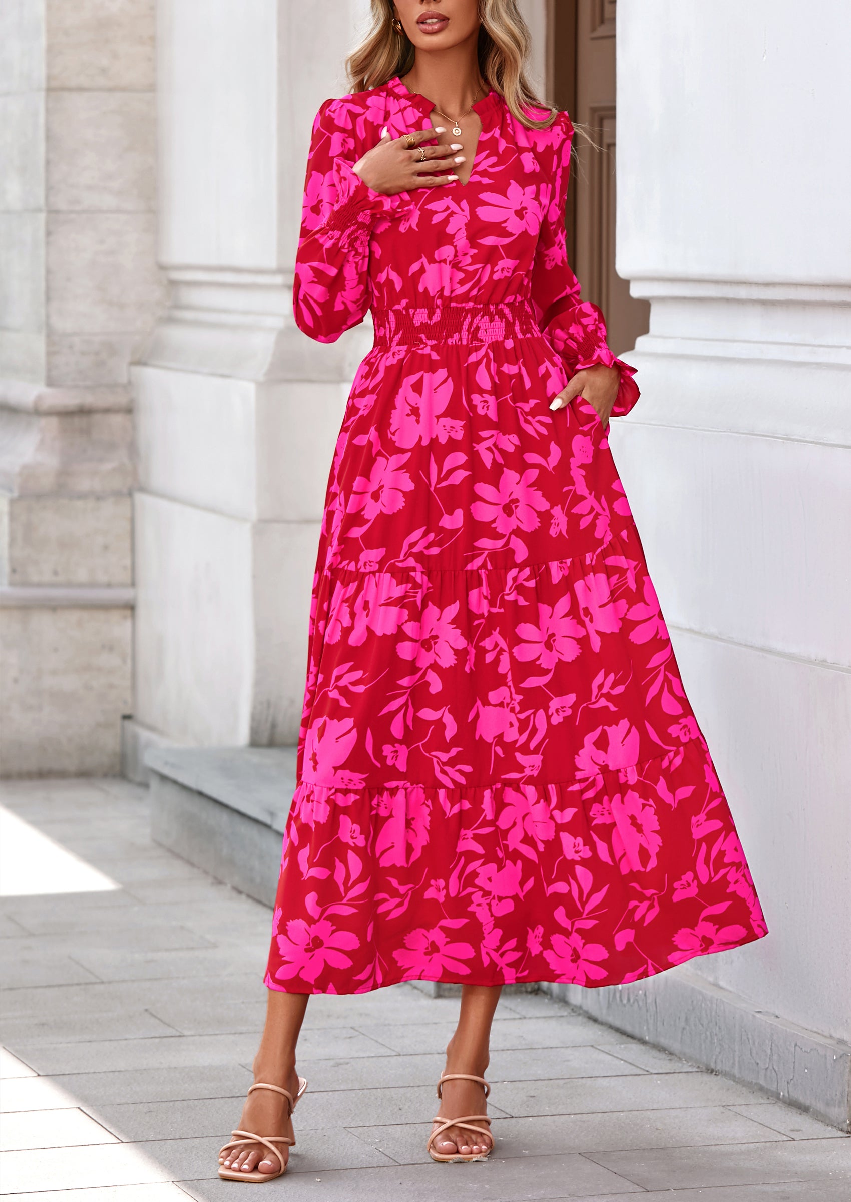 PRETTYGARDEN Women's Floral Maxi Dress Spring Long Sleeve V Neck Casual A Line Long Flowy Boho Party Dresses