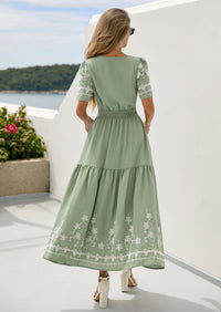 PRETTYGARDEN Women's Summer Boho Maxi Dress Spring Floral Short Sleeve V Neck A Line Flowy Beach Wedding Guest Dresses PRETTYGARDEN