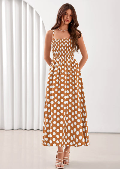 PRETTYGARDEN Womens Summer Dresses Spring Sleeveless Spaghetti Straps Casual Midi Dress Polka Dot Smocked Beach Sundress PRETTYGARDEN