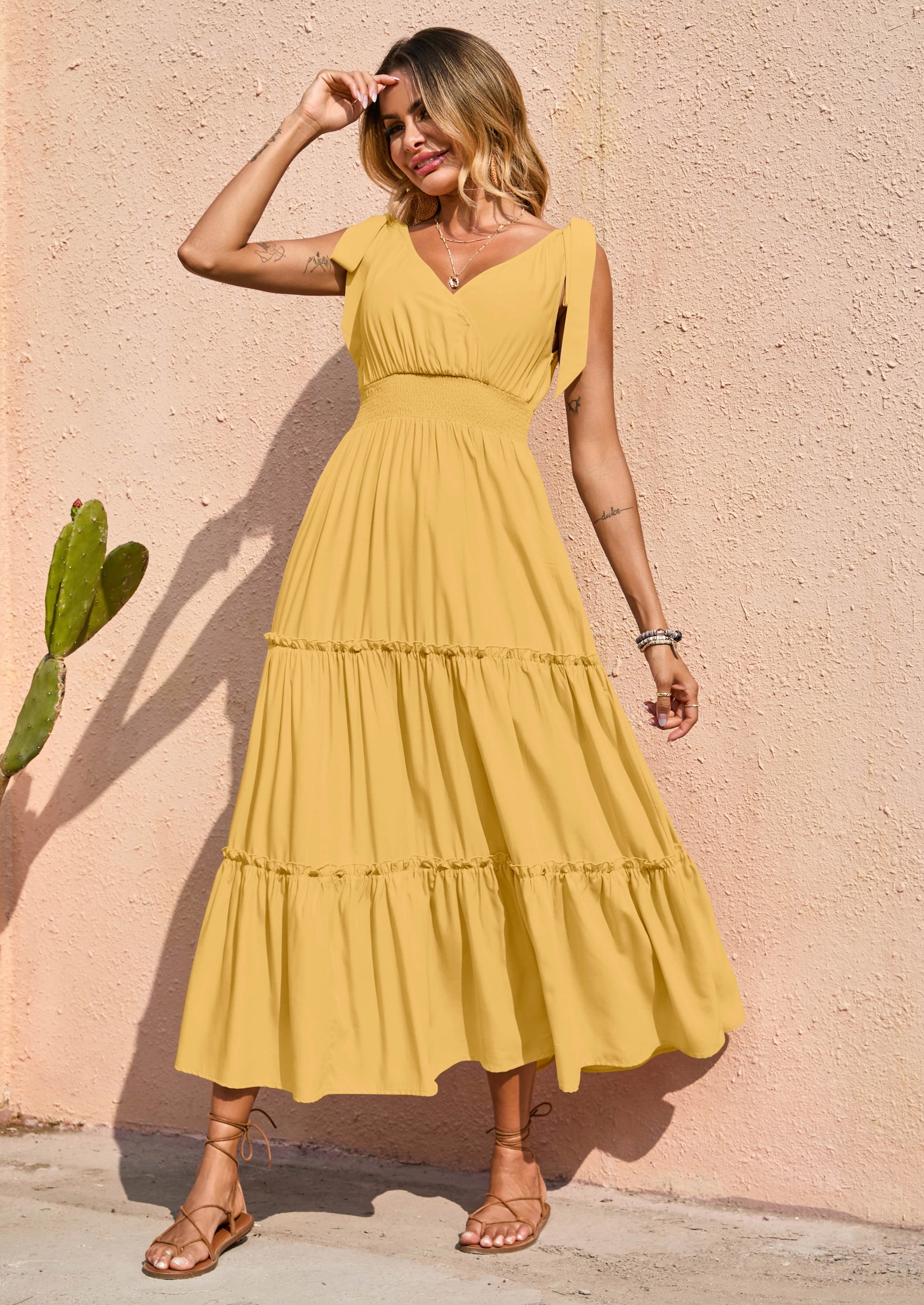 PRETTYGARDEN Women's Cross Neck Spring Sleeveless Tiered Maxi Dress Beach Tie Strap Smocked Long Dresses Pleated Sundress