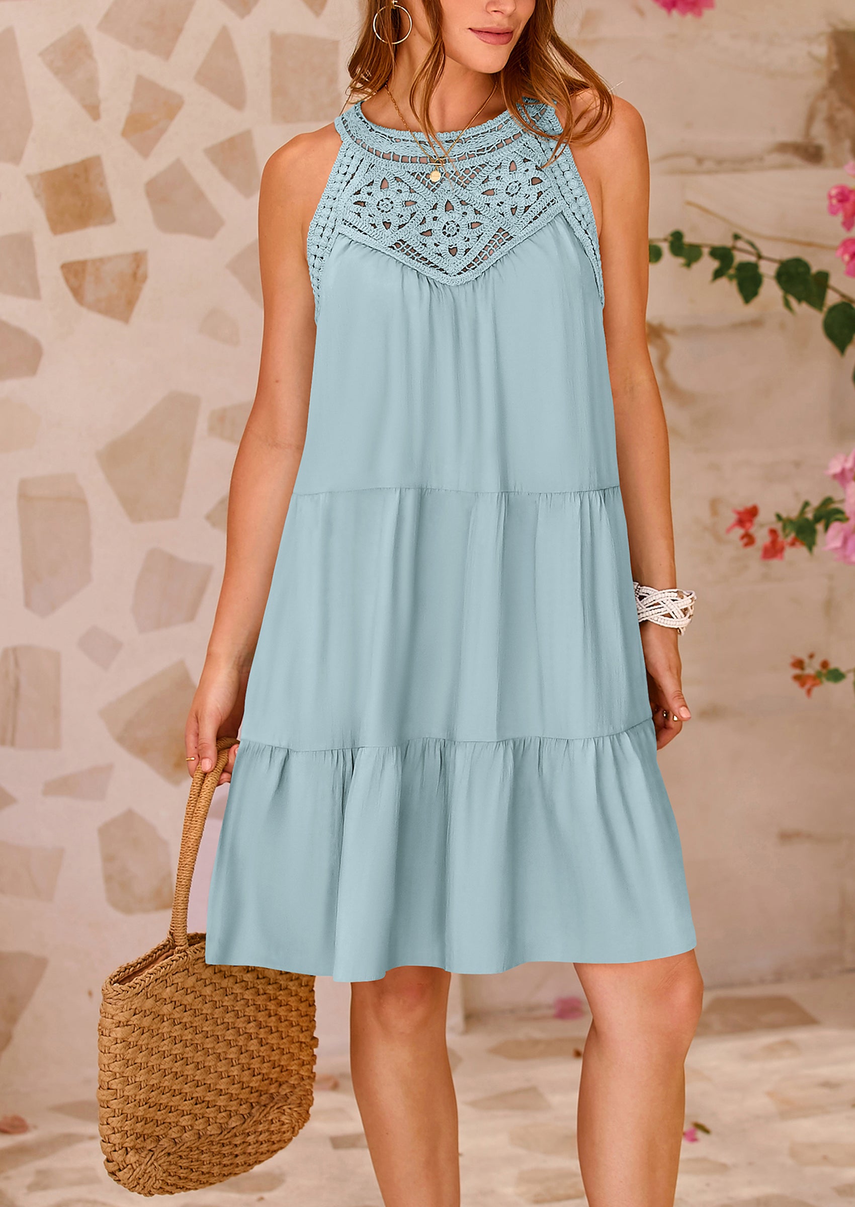 BTFBM Women Summer Halter Dresses Casual Spring 2025 Sleeveless A-Line Tiered Swing Mini Dress Beach Vacation Sundress