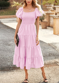 PRETTYGARDEN Women's Summer Casual Midi Dress Puffy Short Sleeve Square Neck Smocked Tiered Ruffle Dresses