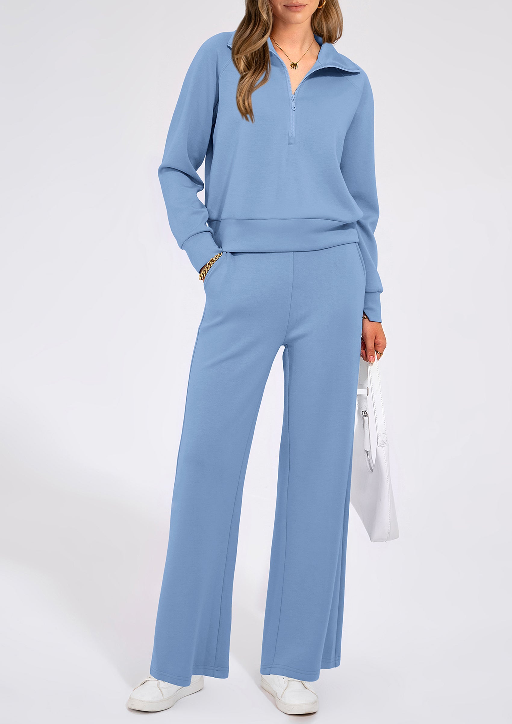 PRETTYGARDEN Women's 2 Piece Outfits Casual Lapel Half Zip Sweatshirts And Wide Leg Pants Tracksuit Sets