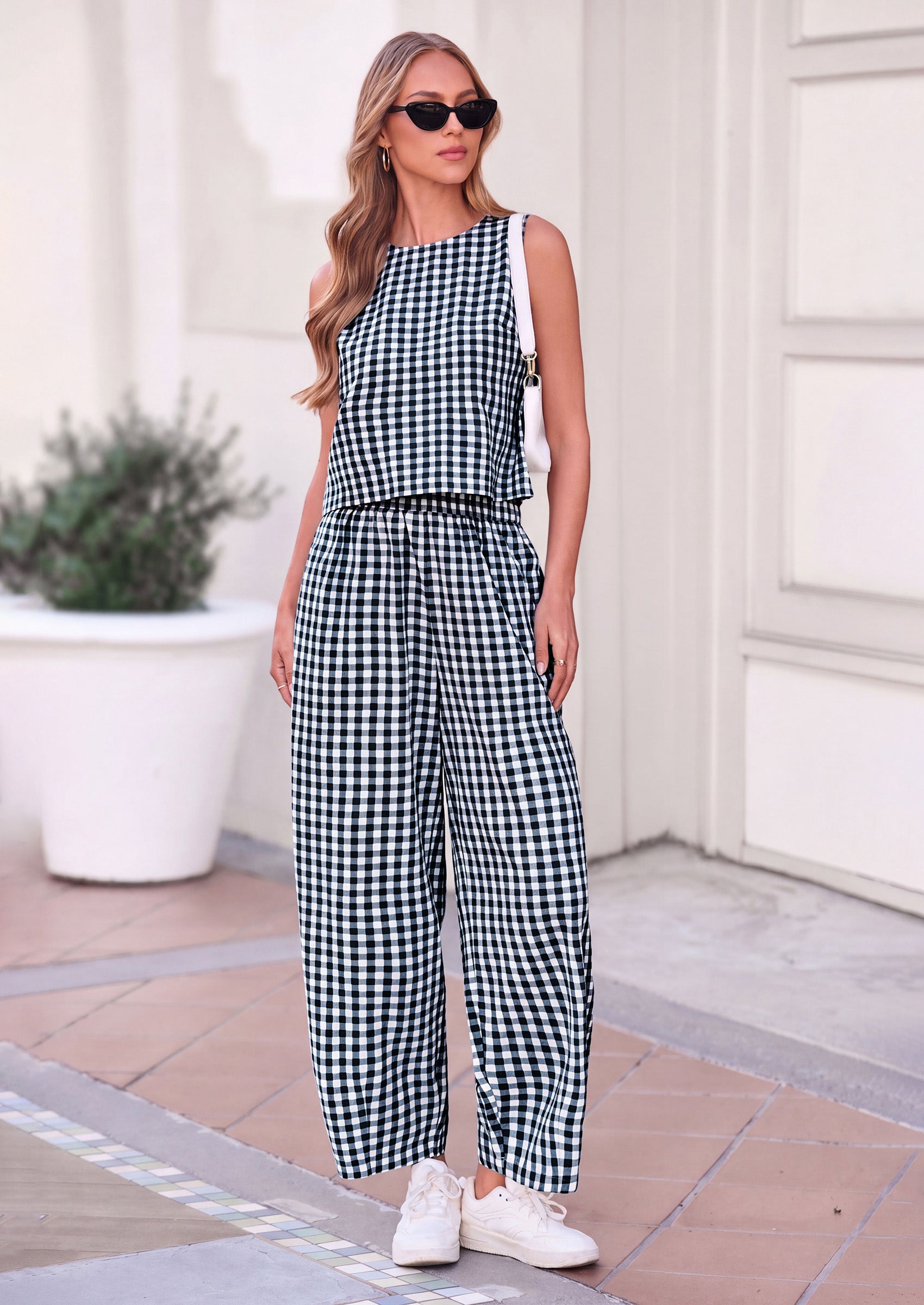PRETTYGARDEN Womens 2 Piece Sets Summer Plaid Sleeveless Tops Wide Leg Pants Matching Lounge Set Beach Vacation Outfits