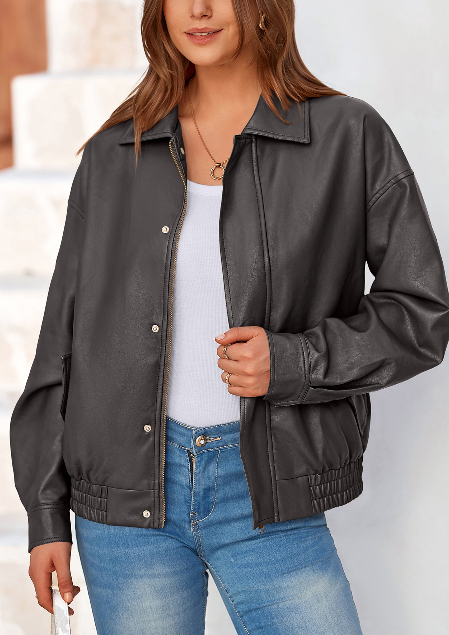 PRETTYGARDEN Women's Faux Leather Motorcycle Jacket Trendy Fall Spring Clothes Oversized Zip Up Winter Coat Outerwear