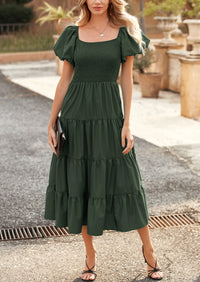 PRETTYGARDEN Women's Summer Casual Midi Dress Puffy Short Sleeve Square Neck Smocked Tiered Ruffle Dresses