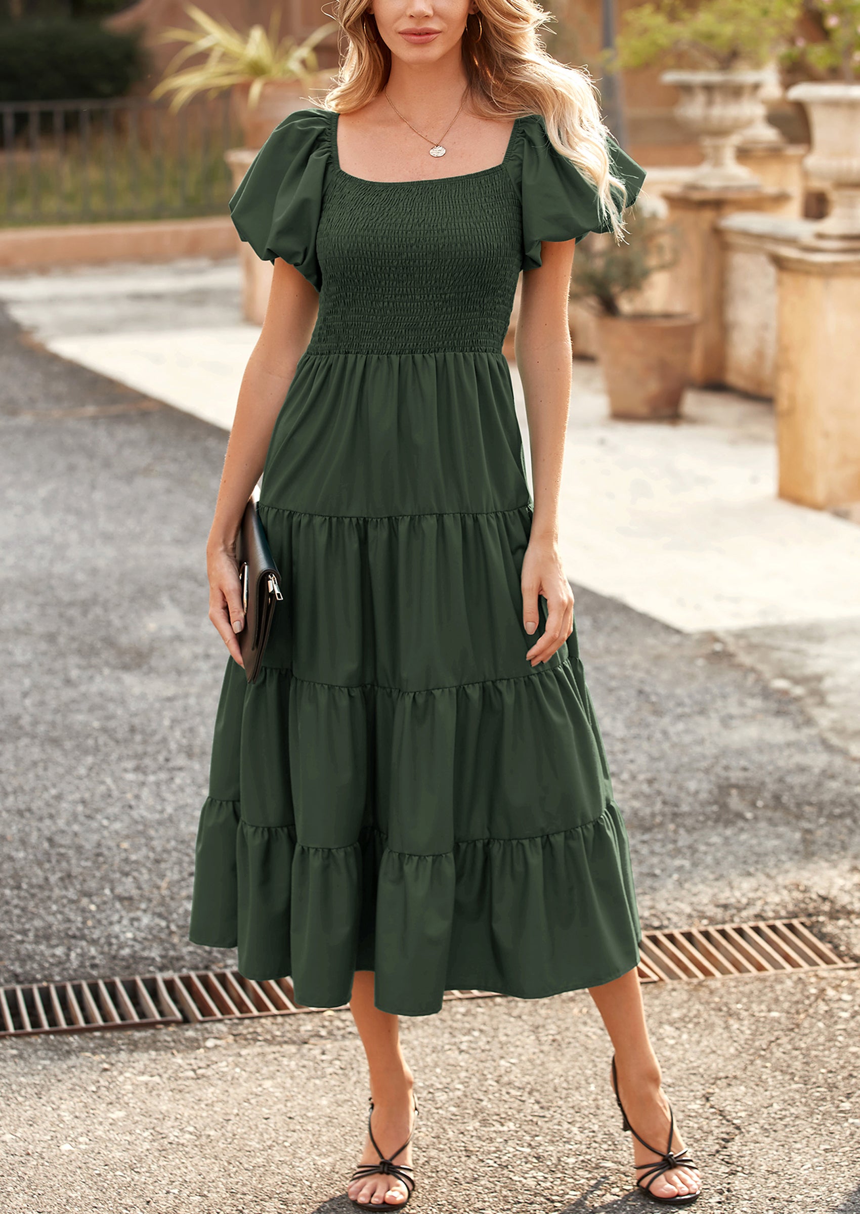 PRETTYGARDEN Women's Summer Casual Midi Dress Puffy Short Sleeve Square Neck Smocked Tiered Ruffle Dresses