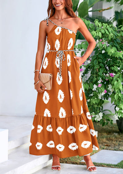 PRETTYGARDEN Women's Summer Maxi Dresses One Shoulder Printed Flowy Boho Beach Vacation Long Sundress