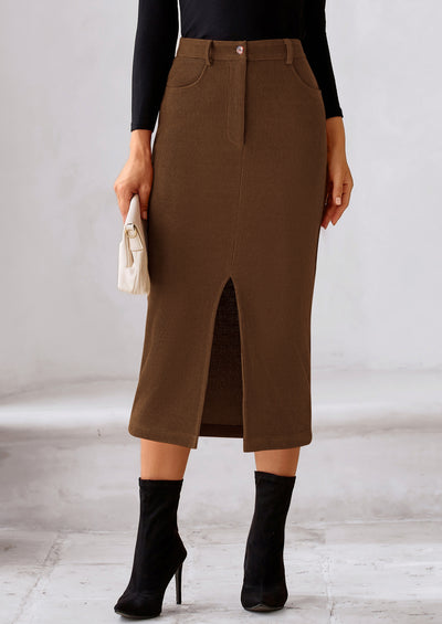PRETTYGARDEN Corduroy Skirt Women Fall Fashion High Waisted Pencil Midi Skirts Business Casual Work Office Winter Outfit