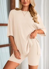 PRETTYGARDEN Women's Two Piece Lounge Set Summer Casual Oversized Shirts Biker Shorts Matching Airport Travel Outfit