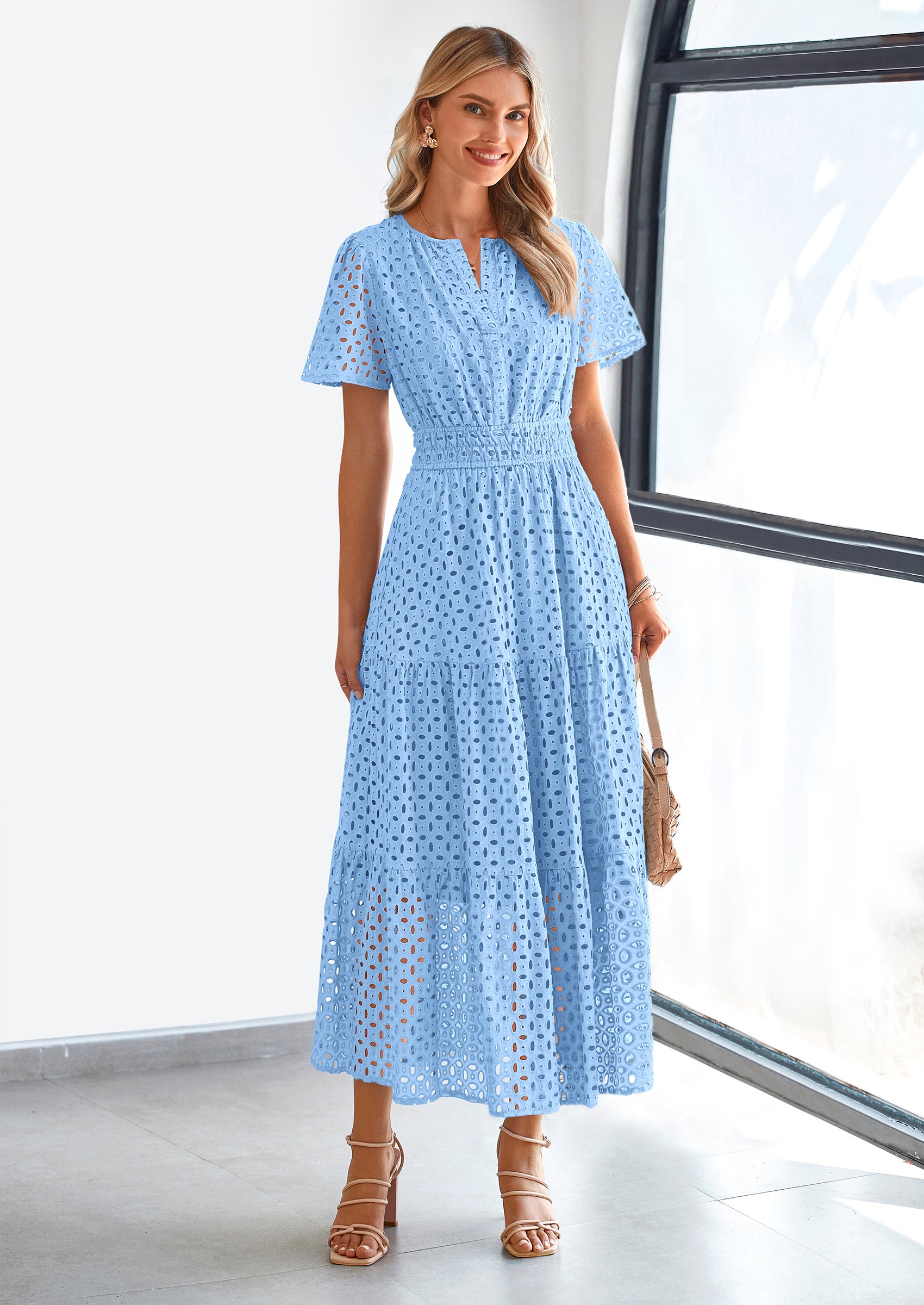 PRETTYGARDEN Womens Maxi Dress Short Sleeve V Neck Hollow Out Eyelet A Line Long Flowy Beach Vacation Dresses