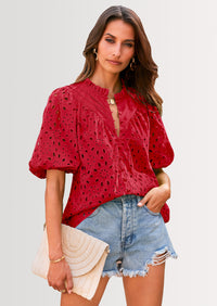 PRETTYGARDEN Women's Summer Short Sleeve Tops Dressy Casual Buttons V Neck Hollow Out Lace Embroidered Blouses Shirts