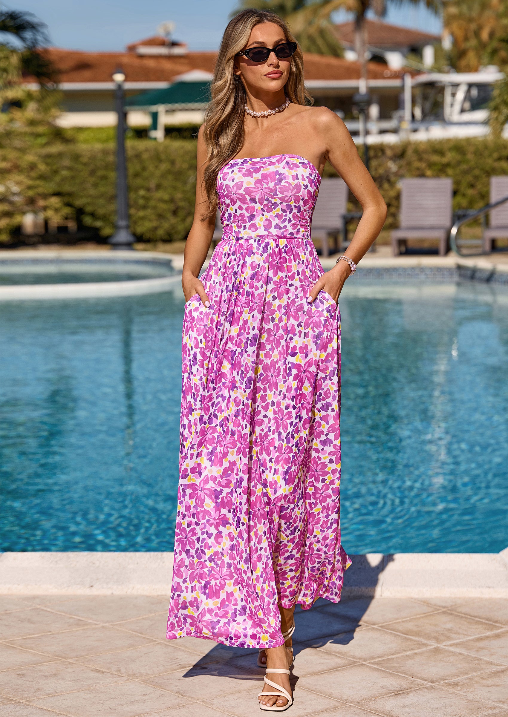PRETTYGARDEN Womens Boho Maxi Dress Summer Floral Tube Strapless Spring Wedding Guest Cocktail Long Dresses