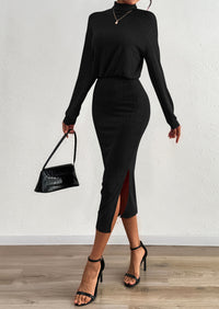 PRETTYGARDEN Turtle Neck Dresses for Women Fall Knit Outfits Slit Elastic Waist Long Sleeve Bodycon Midi Sweater Dress