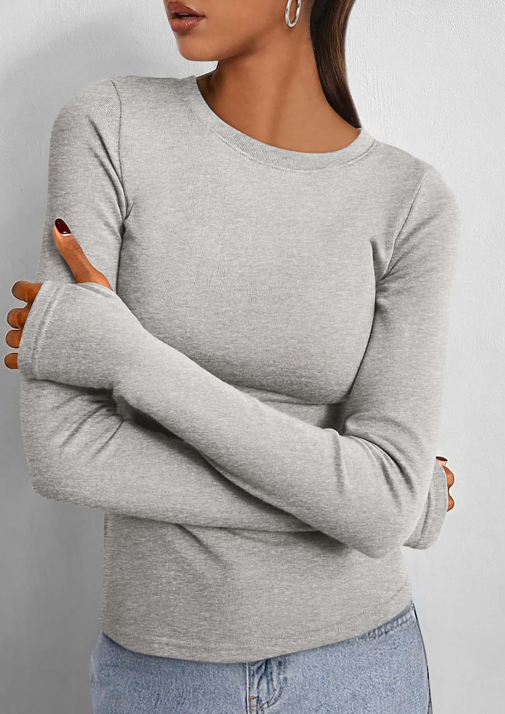 BTFBM Women's Casual Tops Spring Fall Outfits Long Sleeve Shirt Crewneck Workout Stretchy Slim Fit Going Out Top