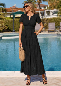 PRETTYGARDEN Short Sleeve Spring Dresses for Women Elegant Classy Boho High Waist A Line Pleated Wedding Guest Dress PRETTYGARDEN