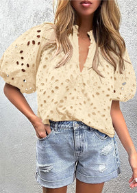 PRETTYGARDEN Women's Summer Short Sleeve Tops Dressy Casual Buttons V Neck Hollow Out Lace Embroidered Blouses Shirts