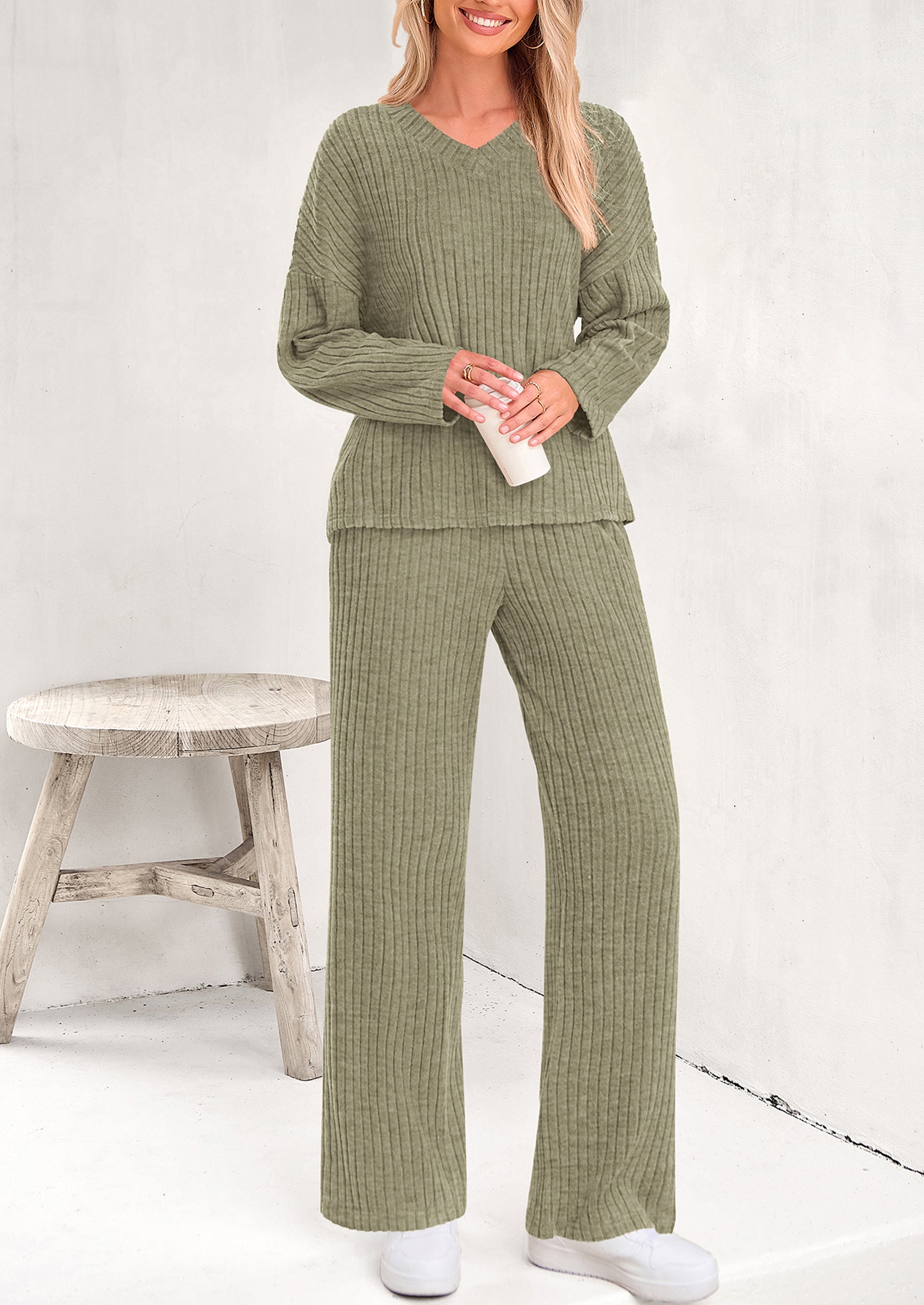 PRETTYGARDEN Women's 2 Piece Lounge Sets Ribbed Knit Long Sleeve V Neck Pullover Tops Wide Leg Pants Spring Fall Outfits