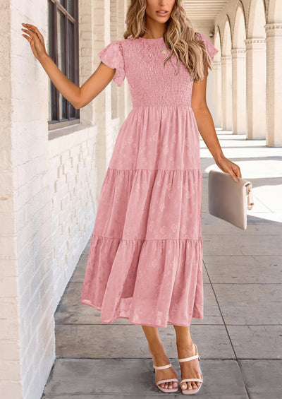 PRETTYGARDEN Midi Dress for Women Summer Floral Cap Sleeve Smocked Ruffle A Line Long Flowy Wedding Guest Dresses