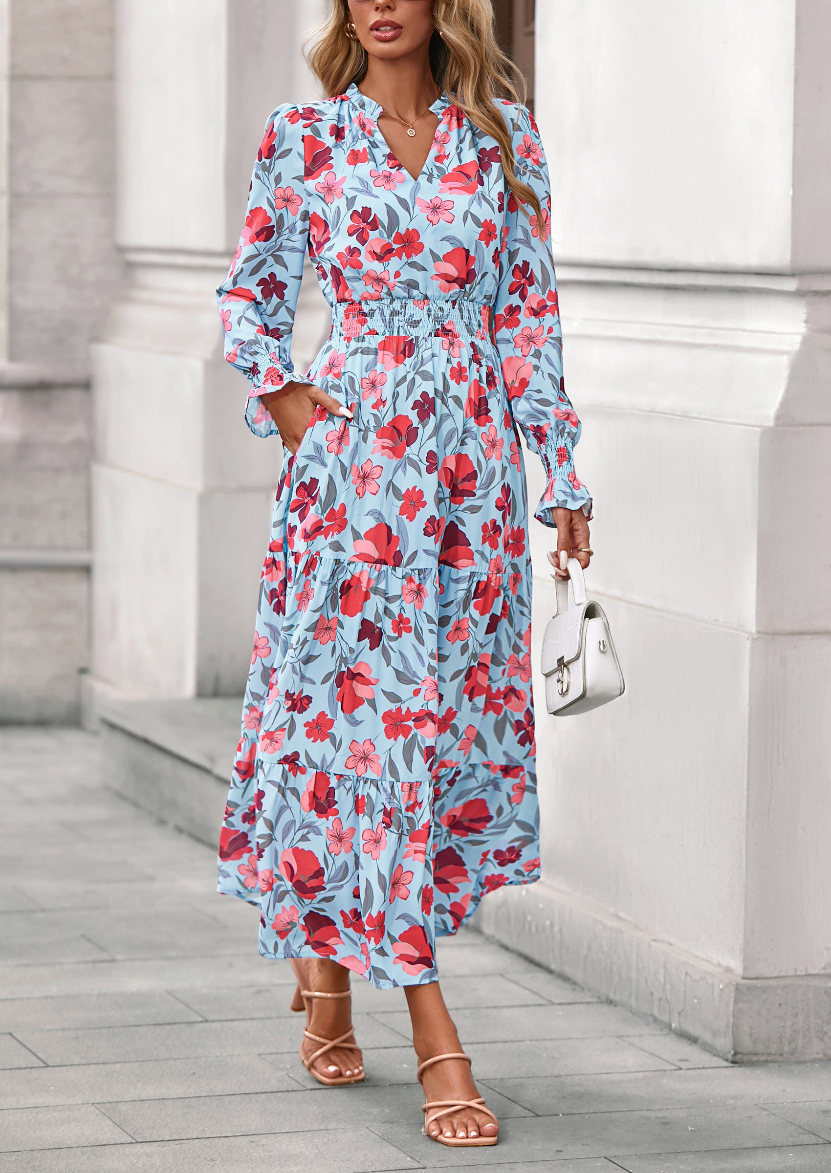 PRETTYGARDEN Women's Floral Maxi Dress Spring Long Sleeve V Neck Casual A Line Long Flowy Boho Party Dresses