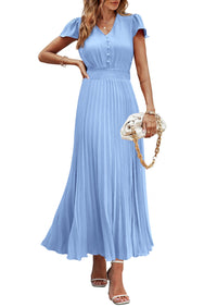 Women's Summer Maxi Dresses 2025 Trendy Casual Button V Neck Ruffle Cap Sleeve Long Flowy Pleated Dress