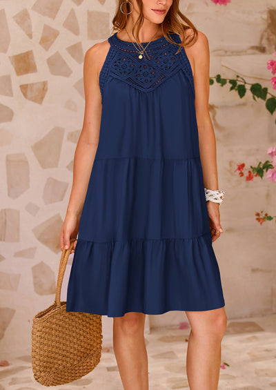 BTFBM Women Summer Halter Dresses Casual Spring 2025 Sleeveless A-Line Tiered Swing Mini Dress Beach Vacation Sundress