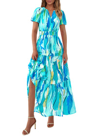 Summer Boho Floral Short Sleeve V Neck A Line Tiered Ruffle Flowy Long Beach Vacation Maxi Dresses