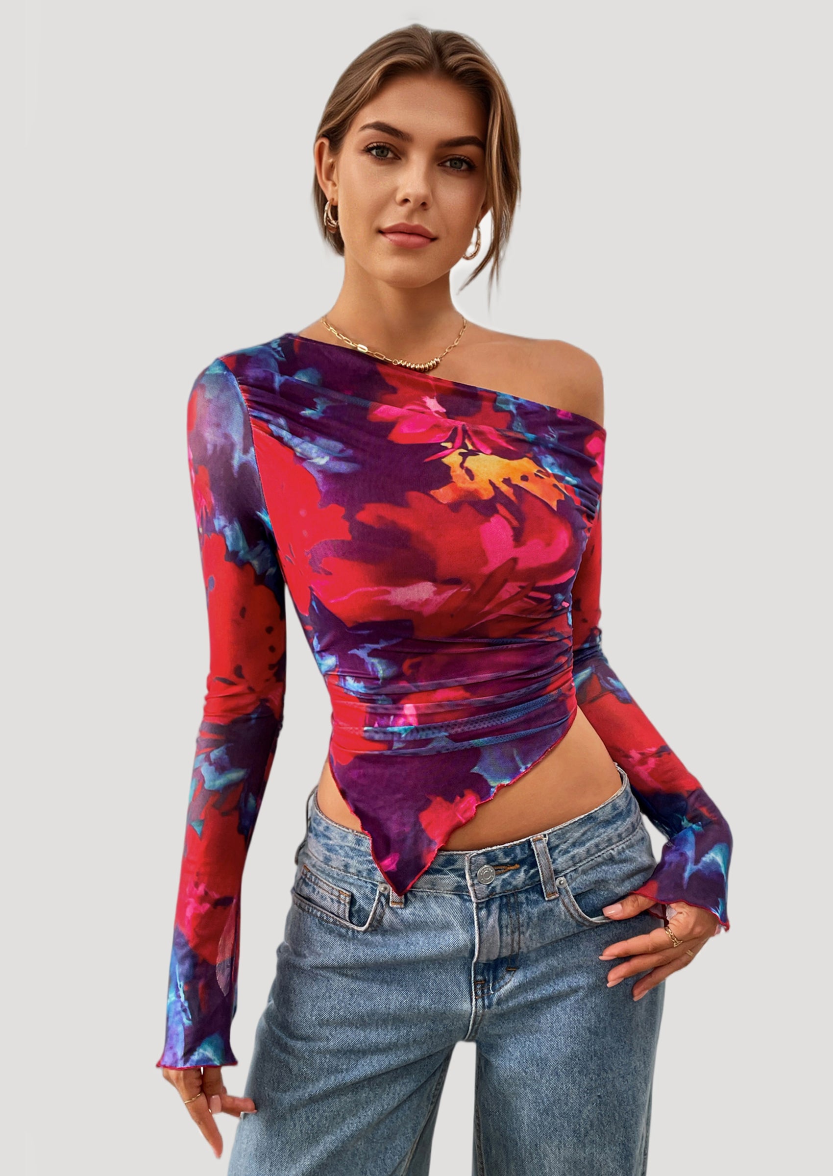 PRETTYGARDEN Womens Fall Trendy Off Shoulder Tops Tie Dye Mesh Long Sleeve Shirts Asymmetrical Ruched Floral Blouse