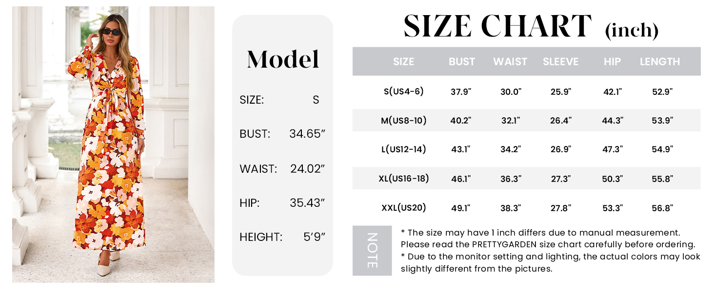 PRETTYGARDEN Women's Fall Boho Maxi Dress Floral Long Sleeve V Neck Flowy Belted Elegant Holiday Party Dresses